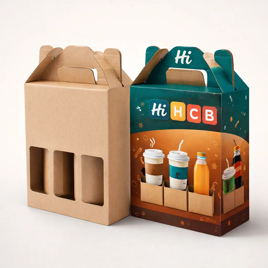 Two drawer-style slide boxes for beverages, one plain white and one featuring custom green illustrations. class=